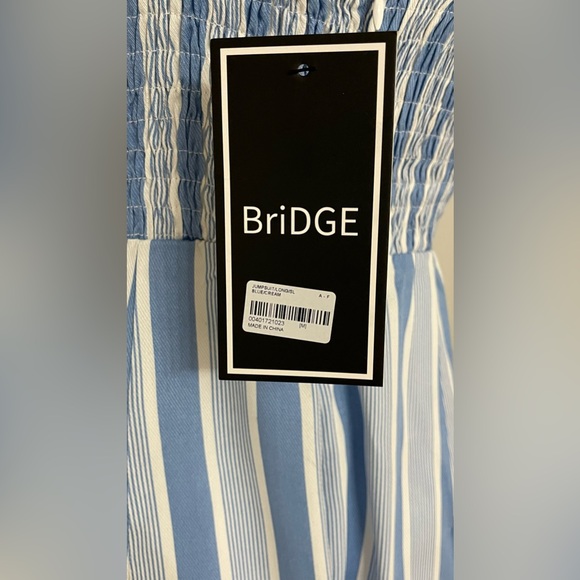 NWT Forever 21 Bridge Blue White Striped Wide-Leg Smocked Jumpsuit Size M - Picture 6 of 10